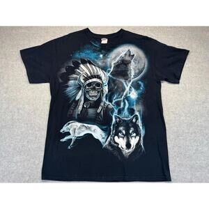 Vintage Wolf Moon Shirt L Native Skull Headdress Spirit Animal Graphic Tee